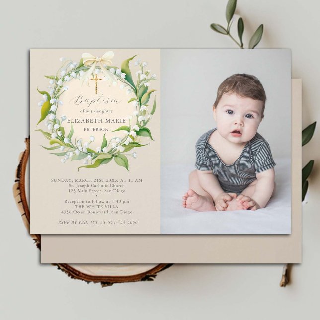Lily Valley Bow Guld Formal Chic Photo Baptism Inbjudningar (baptism invitation child photo christening christian cross lily valley floral wreath watercolor chic)