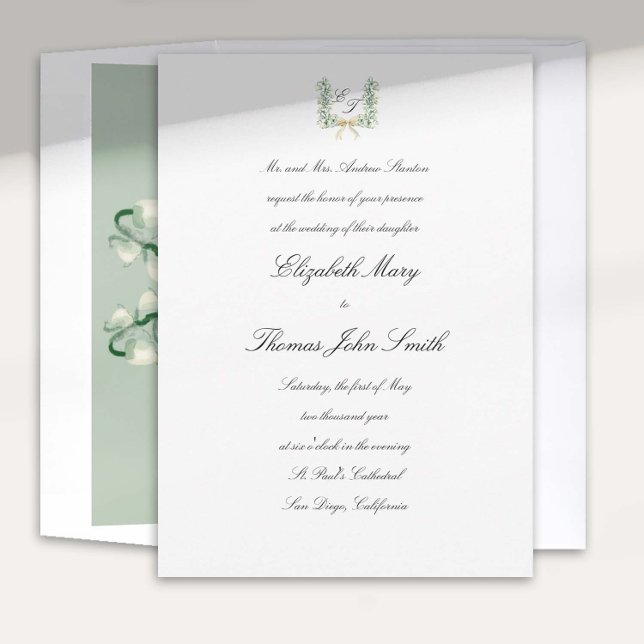 Lily Valley Bow Vapensköld Formal Traditional Bröl Inbjudningar (lily valley formal classic wedding invitation card watercolor art crest monograms all calligraphy)