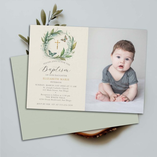 Lily Valley Butterflies Blommigt Child Photo Bapti Inbjudningar (photo baptism invitation christening name ceremony christian lily valley wreath butterflies elegant)