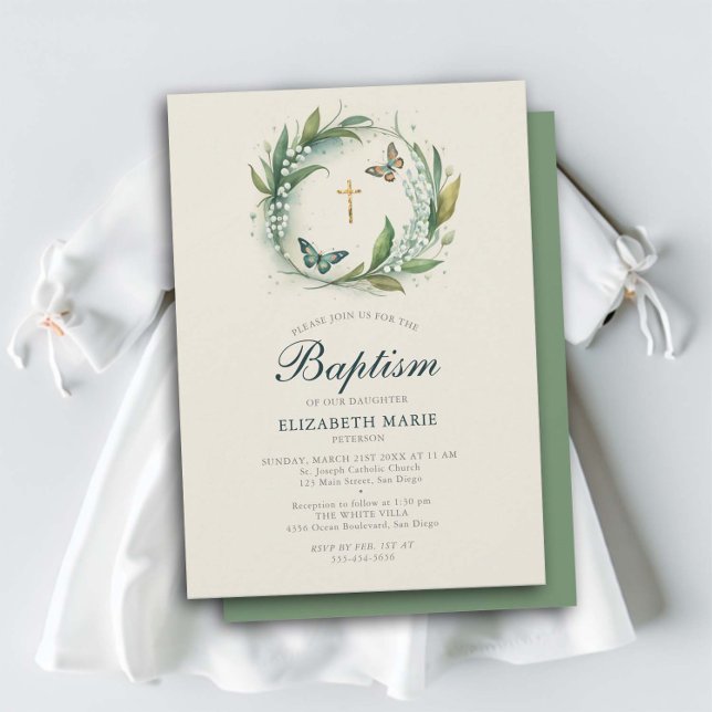 Lily Valley Butterflies Guld Kor Girl Baptism Inbjudningar (lily valley baptism christening invitation girl elegant floral frame wreath butterflies sweet classy)