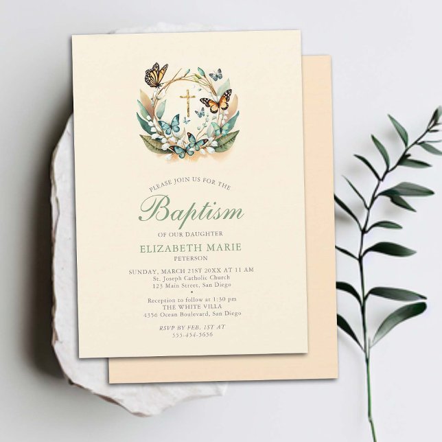 Lily Valley Butterflies Kor WandeGirl Baptism Inbjudningar (butterfly baptism invitation lily valley elegant formal modern classic whimsical magical floral gold)