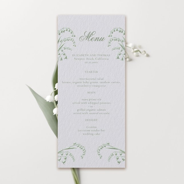 Lily Valley Faux Embossed Grönt Formal Bröllop Meny (formal wedding menu card classic traditional faux embossed lily of the valley frame ivory green)