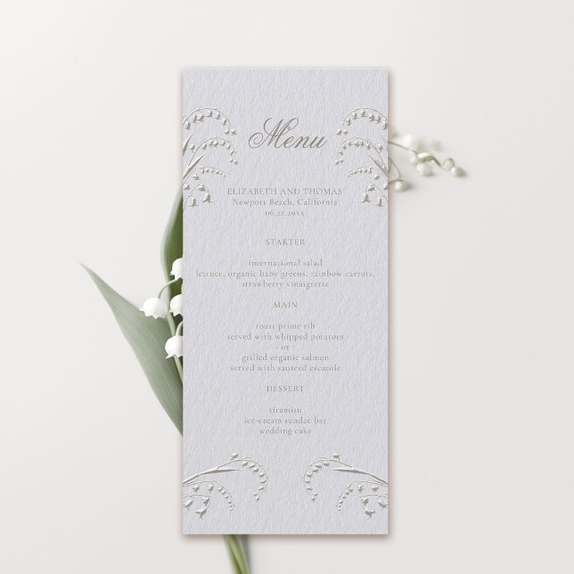 Lily Valley Faux Embossed Ivory Formal Bröllop Meny (formal wedding menu card classic traditional faux embossed lily of the valley frame ivory white)