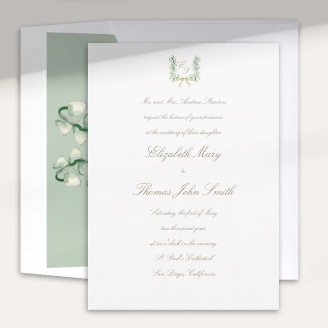 Lily Valley Faux Guld Formal Traditional Bröllop Inbjudningar (lily valley formal classic wedding invitation watercolor arch crest monograms calligraphy green bow)