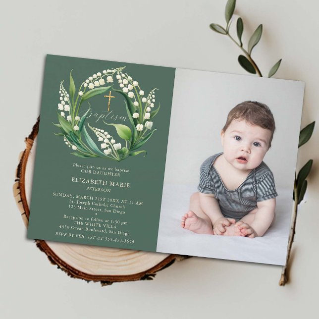 Lily Valley Grönt Guld Formal Chic Photo Baptism Inbjudningar (baptismal invitation child toddler baby baptism christening lily valley floral wreath elegant classy)