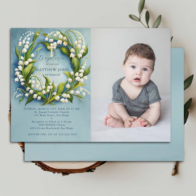 Lily Valley Guld Kor Formal Boy Photo Baptism Inbjudningar (boy baptism invitation photo christian christening lily valley floral wreath watercolor)