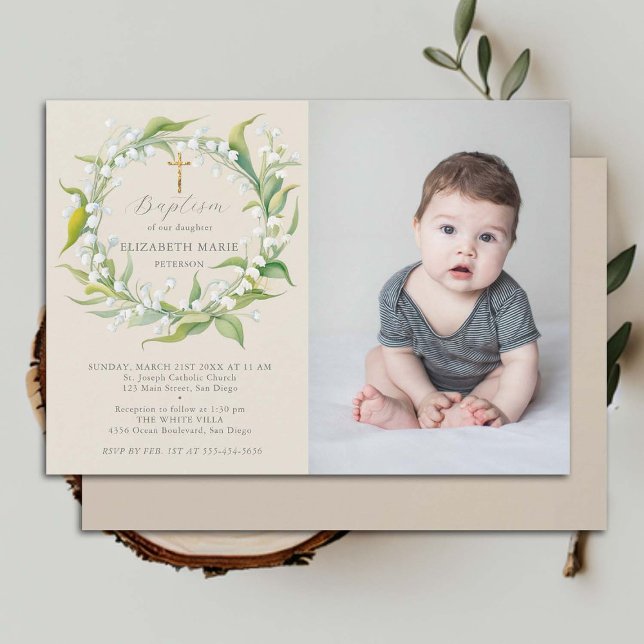 Lily Valley Guld Kor Formal Chic Photo Baptism Inbjudningar (child baptism invitation photo lily valley floral wreath watercolor christening)