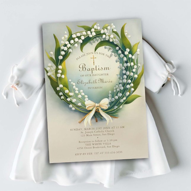 Lily Valley Guld Kor, utandning Bow Girl Baptism Inbjudningar (girl baptism invitation christening lily of the valley wreath elegant formal classic sweet delicate )