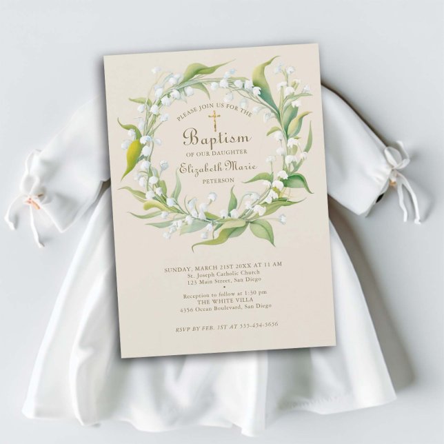 Lily Valley Guld Kor utandning Formell barnaptism Inbjudningar (child baptism christening invitation lily of the valley wreath gold cross elegant simple classic)
