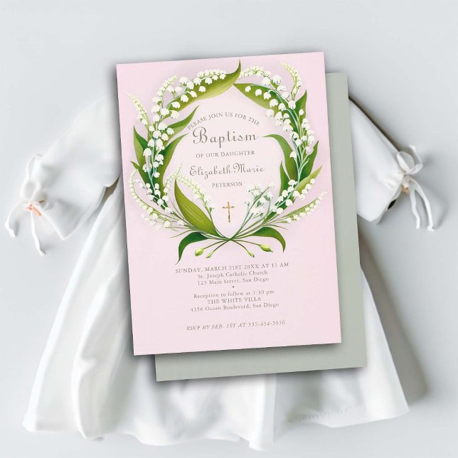Lily Valley Guld Kor, utandning Formell Rosa Bapti Inbjudningar (girl baptism invitation lily valley wreath gold cross elegant formal classic simple watercolor)