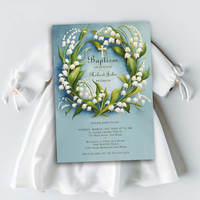 Lily Valley Guld Kor utandningsformalitet Baptism  Inbjudningar (baptism invitation christening name celebration boy blue lily valley wreath floral elegant formal)