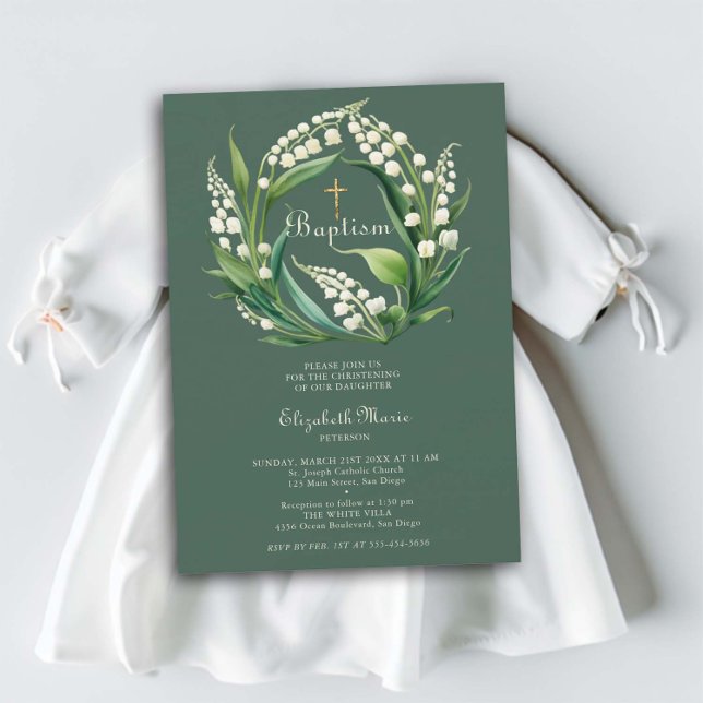 Lily Valley Kor Wandedeage Sage Grönt Girl Baptism Inbjudningar (baptism invitation lily of the valley floral wreath dark sage green elegant formal gold cross)