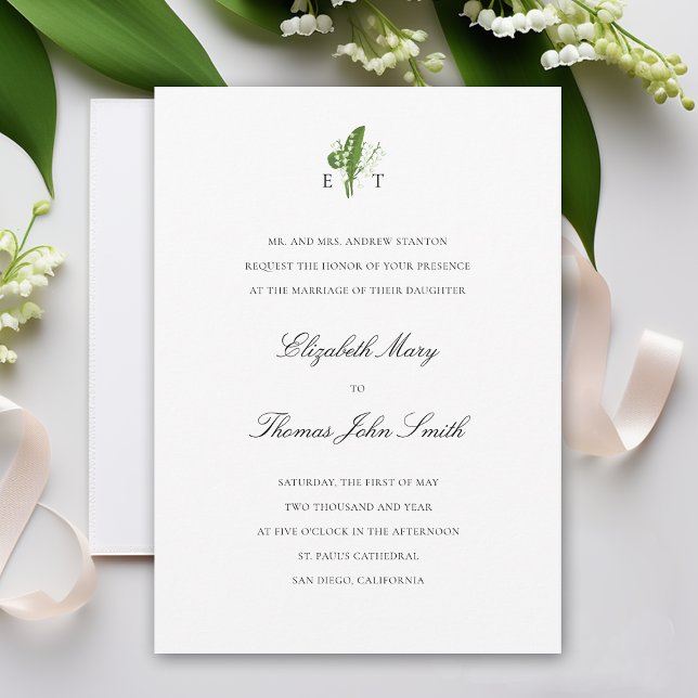 Lily Valley Monogram Forme Traditional Bröllop Inbjudningar (lily of the valley wedding invitation formal traditional calligraphy monograms art unique classy)