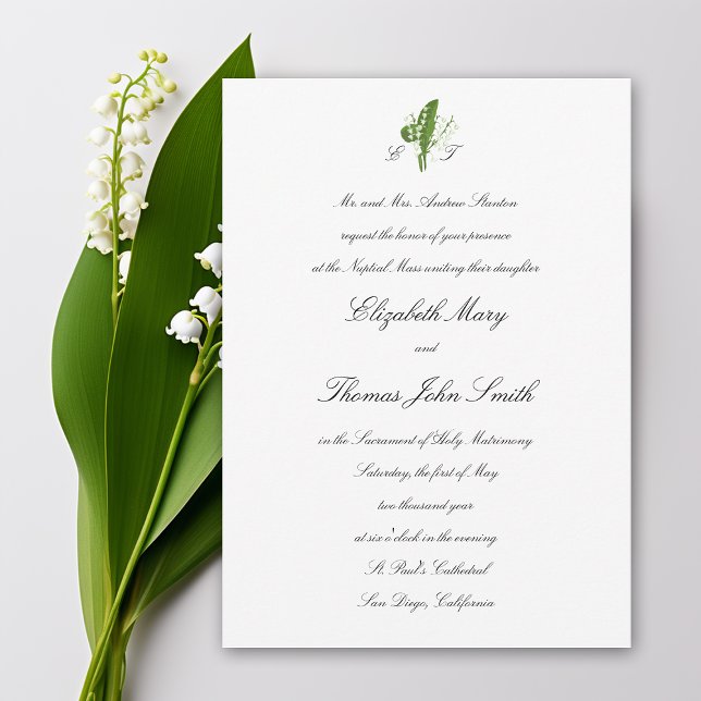 Lily Valley Religiösa Formal Traditional Bröllop Inbjudningar (lily of the valley wedding invitation formal traditional calligraphy monograms religious catholic)