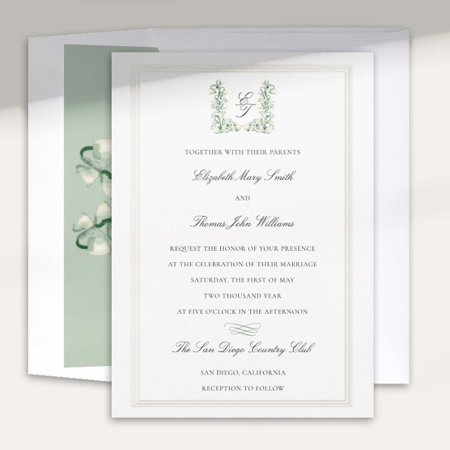 Lily Valley Vapensköld Calligraphy Formal Bröllop Inbjudningar (lily valley formal classic wedding invitation card watercolor art crest monograms calligraphy)