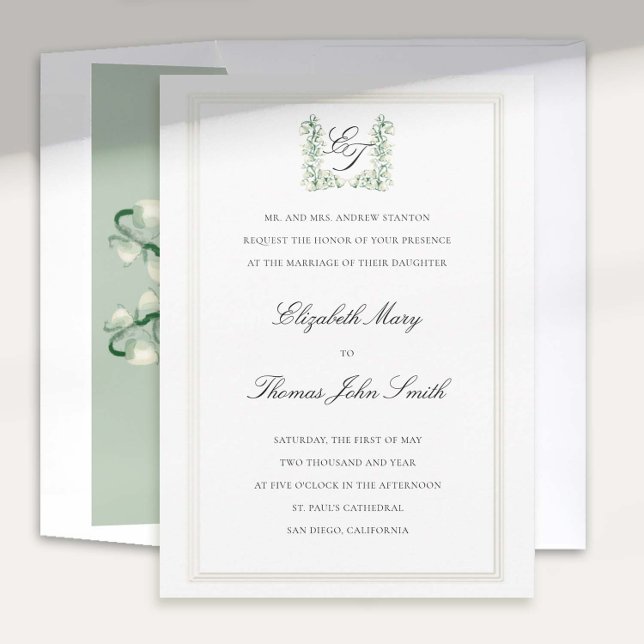 Lily Valley Vapensköld Faux Embossed Formal Bröllo Inbjudningar (lily valley formal classic wedding invitation card watercolor fine art crest monograms script)