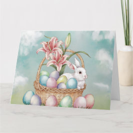 Lily Watercolor & Pastel Eggs med Bunny i Basket Kort