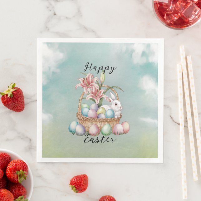 Lily Watercolor & Pastel Eggs med Bunny i Basket Pappersservett (Insitu)