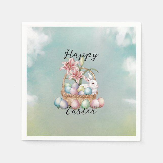 Lily Watercolor & Pastel Eggs med Bunny i Basket Pappersservett (Framsidan)
