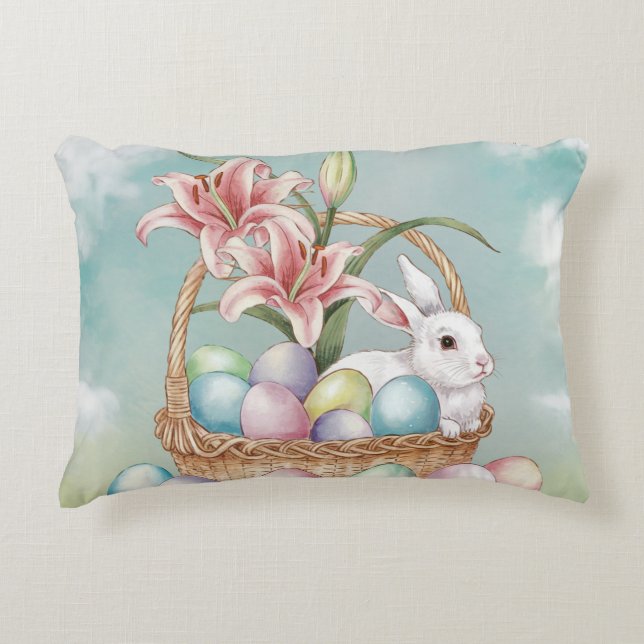 Lily Watercolor & Pastel Eggs med Bunny i Basket Prydnadskudde (Framsidan)