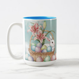 Lily Watercolor & Pastel Eggs med Bunny i Basket Två-Tonad Mugg