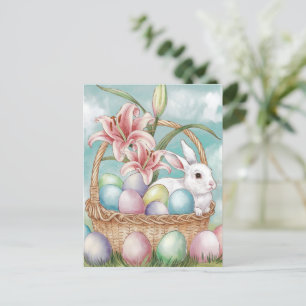 Lily Watercolor & Pastel Eggs med Bunny i Basket Vykort