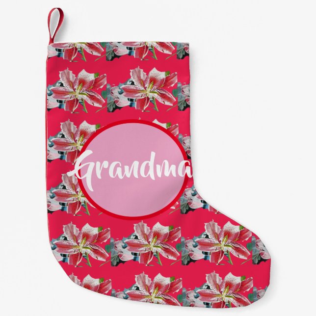 Lily Watercolor Red Flowers Grandma Stocking Liten Julstrumpa (Framsidan)
