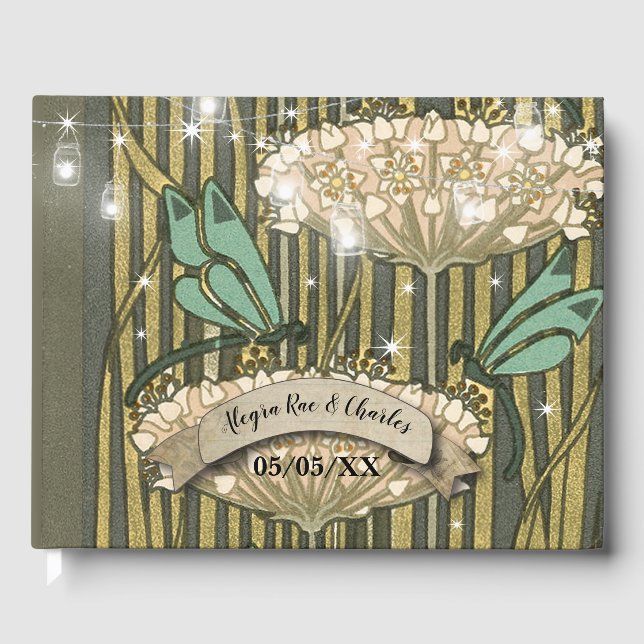 Lilypad Boho Trollslända Art Deco Bröllop Gästbok (Framsida)