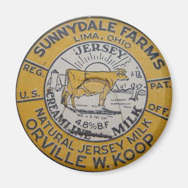 Lima Ohio Sunnydale Farms Mjölk Flaska Cap Cow Koo Magnet (Framsidan)
