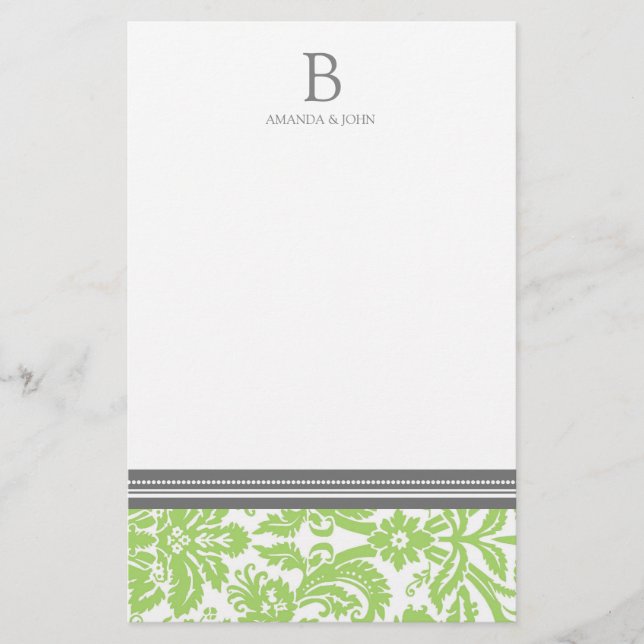 Limask Damask Wedding Monogram Stationery Brevpapper (Framsida)