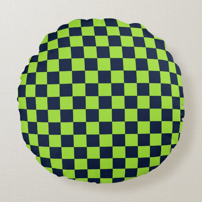 Lime and navy checkerboard pattern rund kudde (Framsidan)