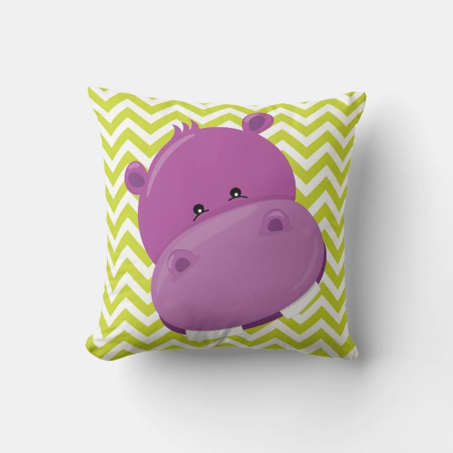 Lime and White Chevron Lila Hippo Pillow Kudde (Framsida)