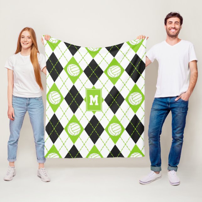 Lime Black argyle plaid volleyball monogramme Fleecefilt (På plats)