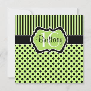 Lime Black Polka dots sextonde födelsedagen Inbjud Inbjudningar