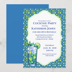 Lime Blue Mojito Birthday Cocktail Party Inbjudningar