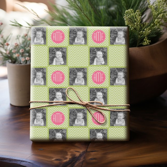 Lime Chevron Mönster med Anpassningsbar Monogram Presentpapper (Personalized Photo Wrapping Paper)
