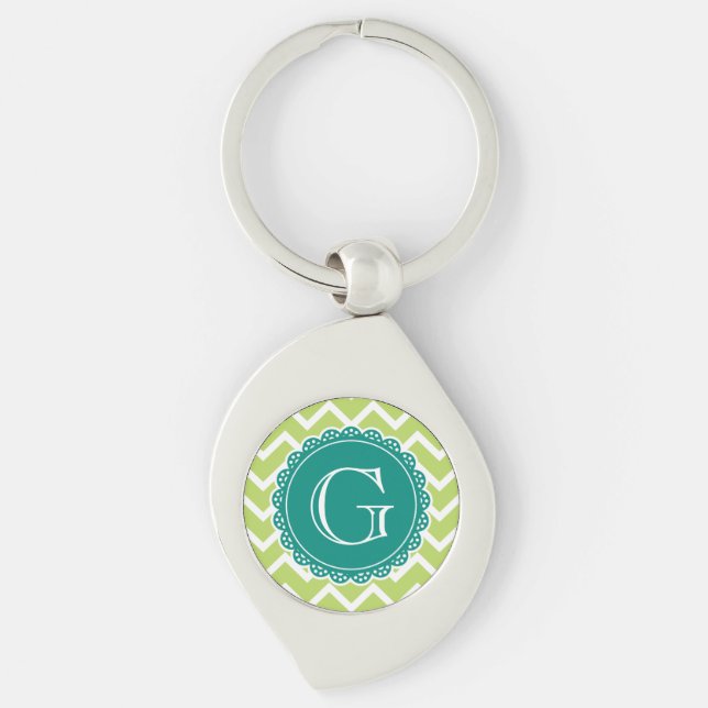 Lime Chevron Teal Monogram Swirl Silverfärgad Nyckelring (Framsidan)