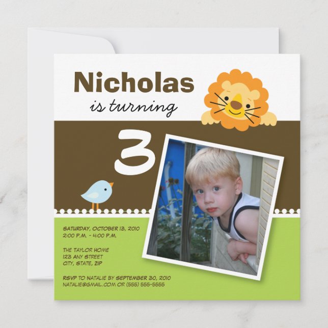 Lime Custom Lion & Birdie Födelsedagsfest Inbjudan (Framsida)