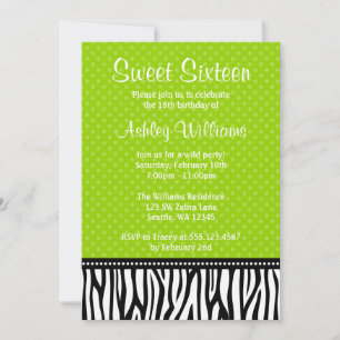 Lime Green and Black Zebra Polka Dot Sweet 16 Inbjudningar