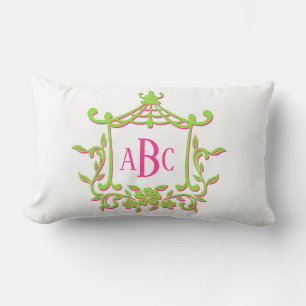 Lime Green and Rosa Pagoda Flower Ram Monogram Lumbarkudde