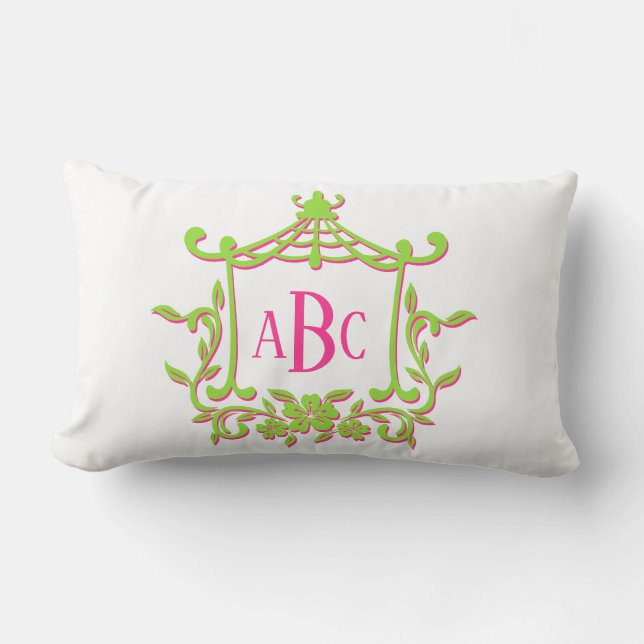 Lime Green and Rosa Pagoda Flower Ram Monogram Lumbarkudde (Framsida)