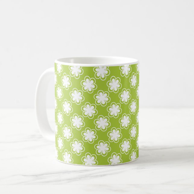 Lime Green and White Flower Pattern Kaffemugg (Framsida vänster)