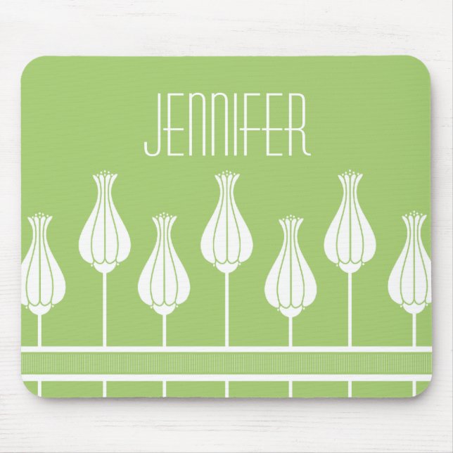 Lime Green Art Deco Blommigt Mousepad Musmatta (Framsidan)