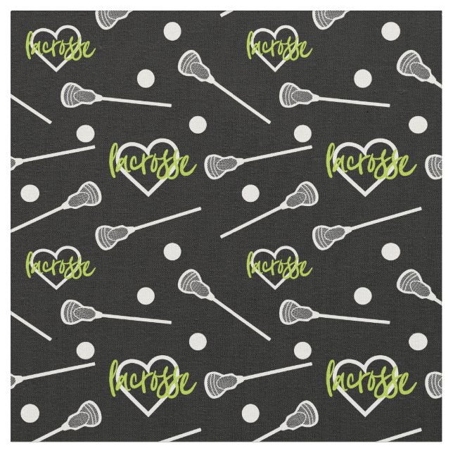 Lime Green Black Lacrosse Sticks & Hearts Mönster Tyg (Närbild)