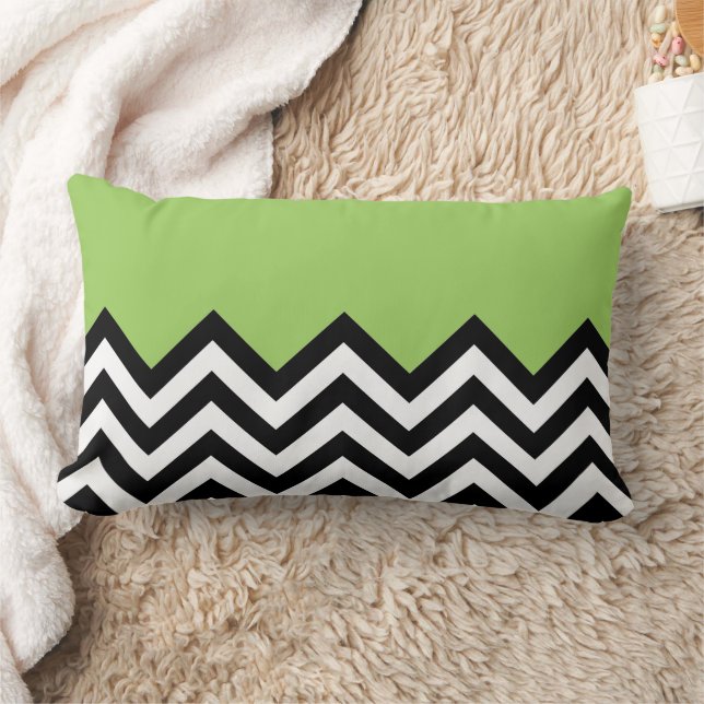 Lime Green Black White Zigzag Chevron Art Mönster Lumbarkudde (Filt)