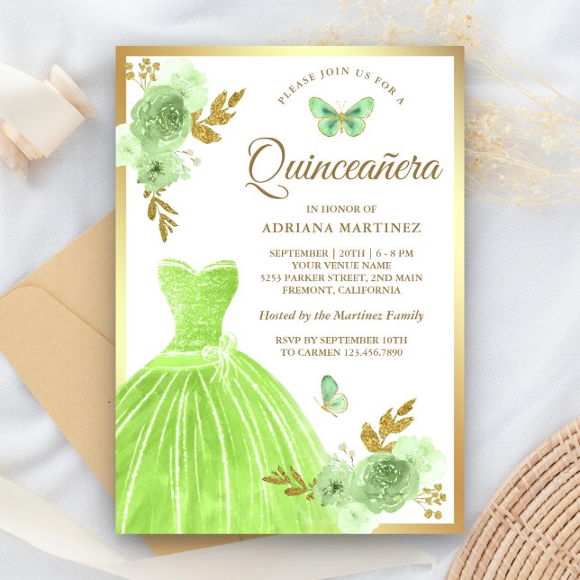 Lime Green Blommigt Dress Butterfly Guld Quinceane Inbjudningar (Skapare uppladdad)