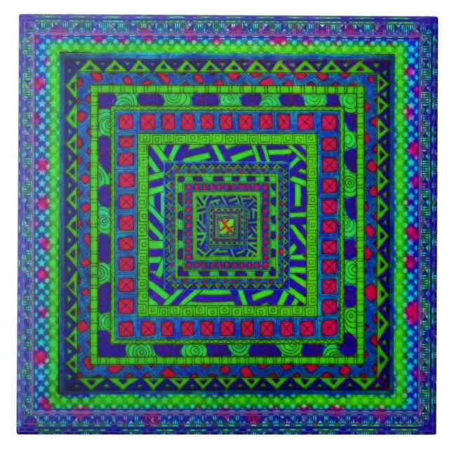 Lime Green Blue Red Aztec Tribal Squares Mönster Kakelplatta (Framsidan)