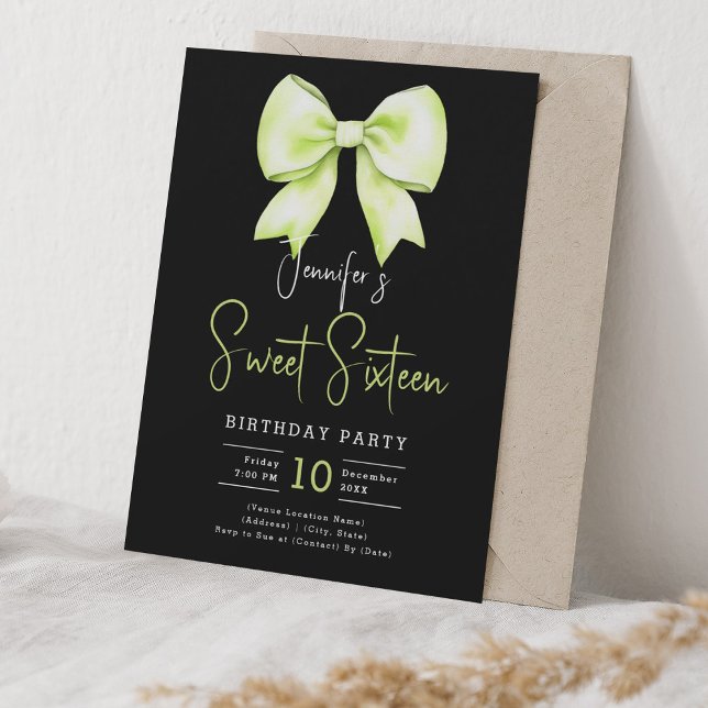 Lime Green Bow Coquette Script Sweet 16 Black Inbjudningar (Lime Green Bow Coquette Script Sweet 16 Black Invitation)