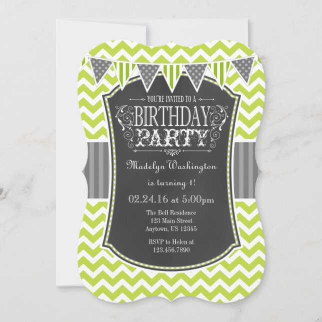 Lime Green Chalkboard Chevron Birthday Inbjudan (Framsida)