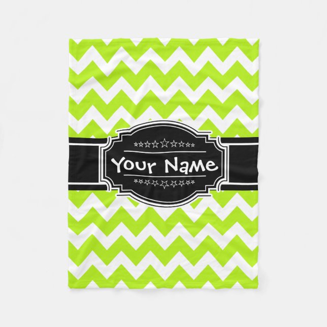Lime Green Chevron med svart Personlig Namn Fleecefilt (Framsidan)